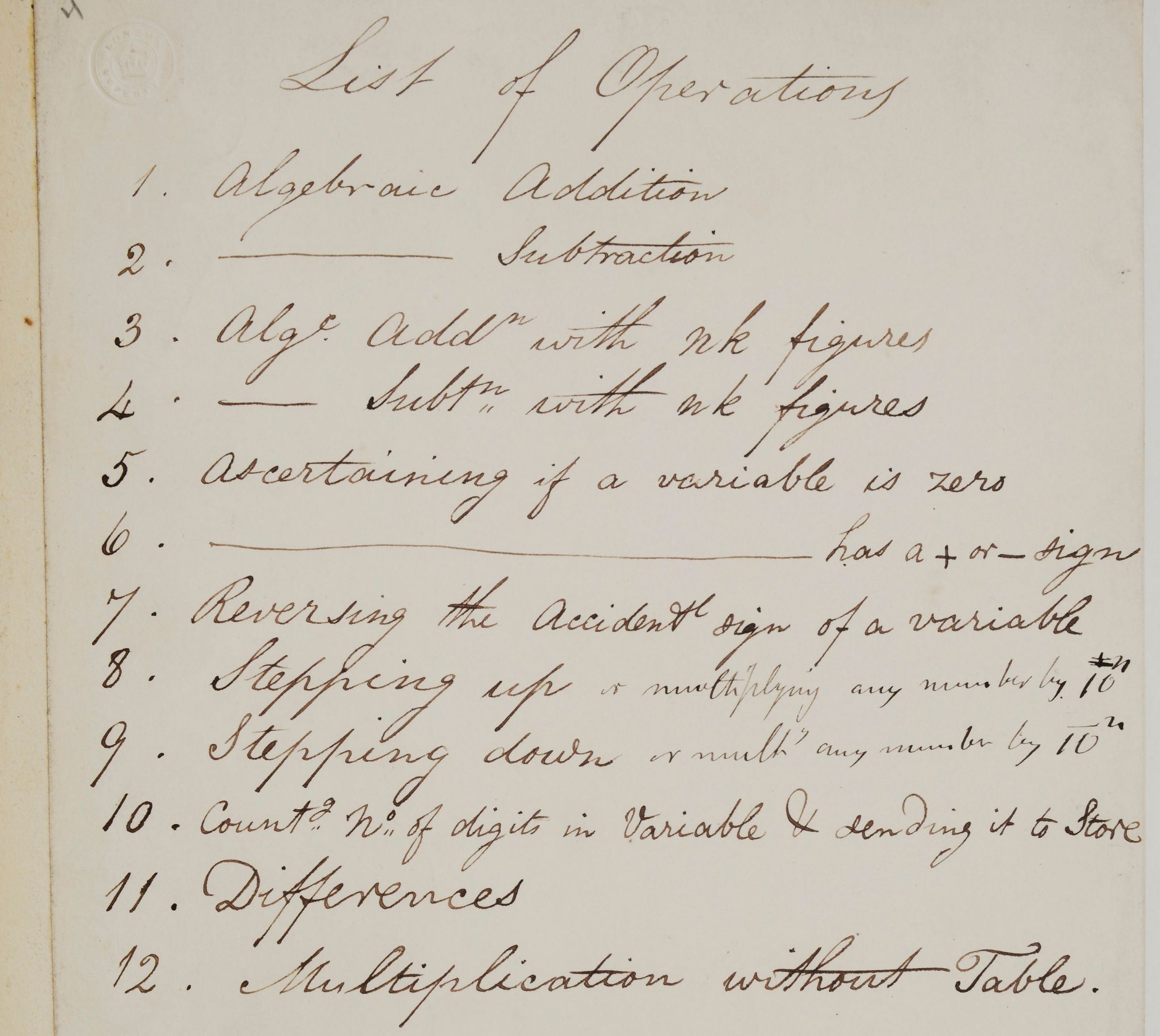 Charles Babbage's List of operations MS Buxton 7.6