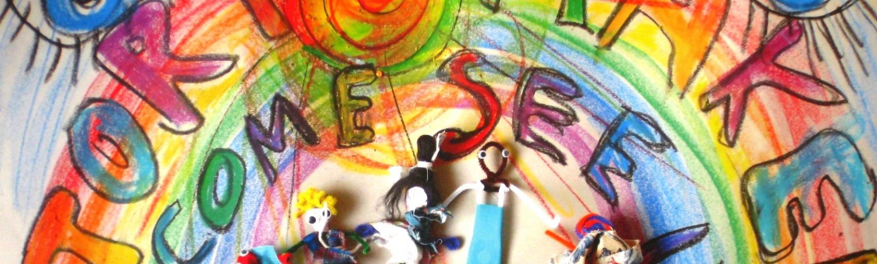 Story Makers artwork featuring a rainbow and many colourful characters