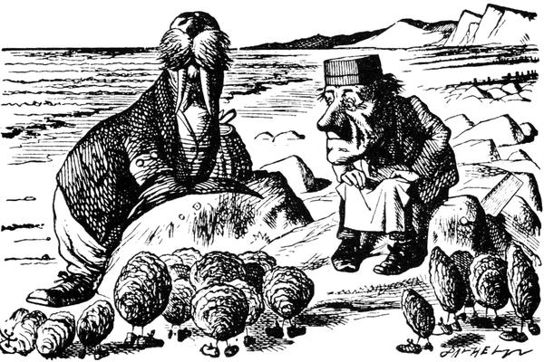 The Walrus and the Carpenter speaking to the Oysters, as portrayed by illustrator John Tenniel.