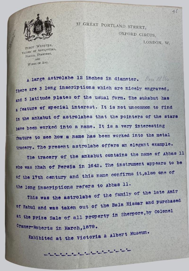 Letter from Percy Webster to Lewis Evans about the Shah Abbas II astrolabe, 8 November 1921. History of Science Museum Evans ms 78 fo Letter from Percy Webster to Lewis Evans about the Shah Abbas II astrolabe, 8 November 1921. History of Science Museum Evans ms 78 fo