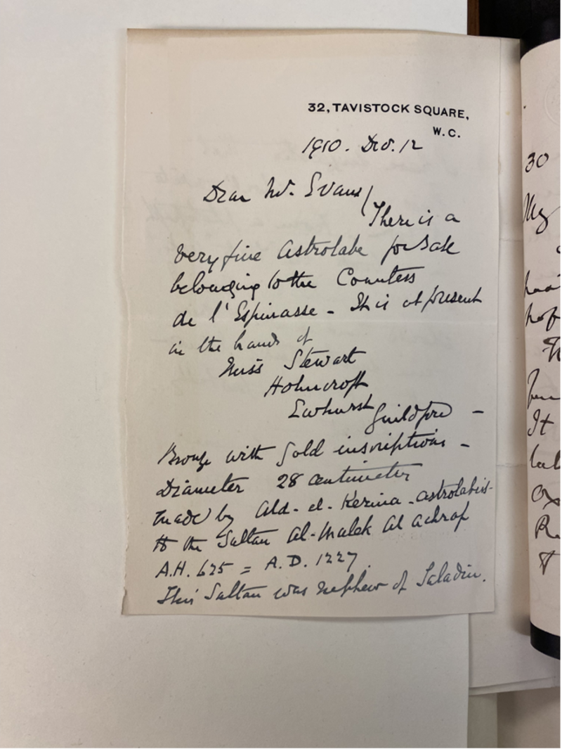 HSM Evans MS 78. Letter from Edward Knobel to Lewis Evans, written on 12 December 1910 and sent from Knobel’s residence at 32 Tavistock Square, London
