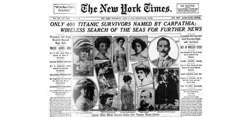 The front page of The New York Times, 17 April 1912, reporting the ongoing wireless search for Titanic survivors