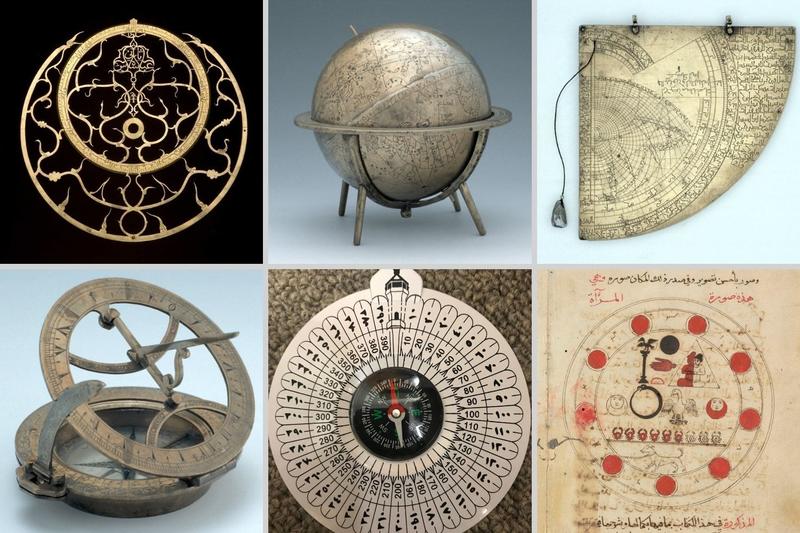 Science in the Islamic World (from top left, clockwise) astrolabe rete (star map), celestial globe, quadrant, Persian inclining dial, Qibla indicator, manuscript