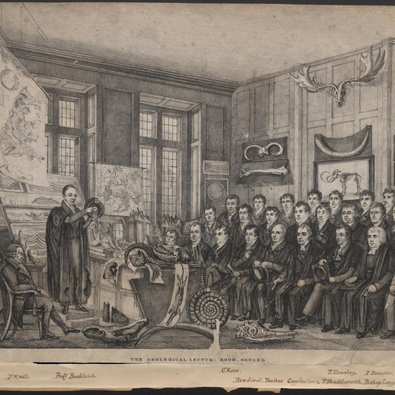 Print (Lithograph) William Buckland and The Geological Lecture Room, The Ashmolean Museum, drawn by Nathaniel Whitlock, Printed by C. Hullmandel, London, 19th Century. Inventory number 14386