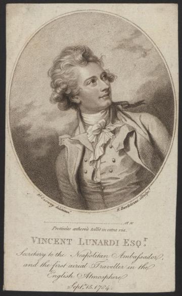 Print (stipple engraving) of Vincent Lunardi, by R. Cosway, made by Francesco Bartolozzi, [Italy], 1784 . Inventory number 22121